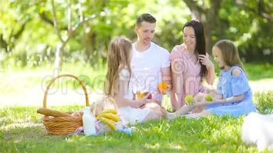 阳光明媚的一天，一家人在公园野餐